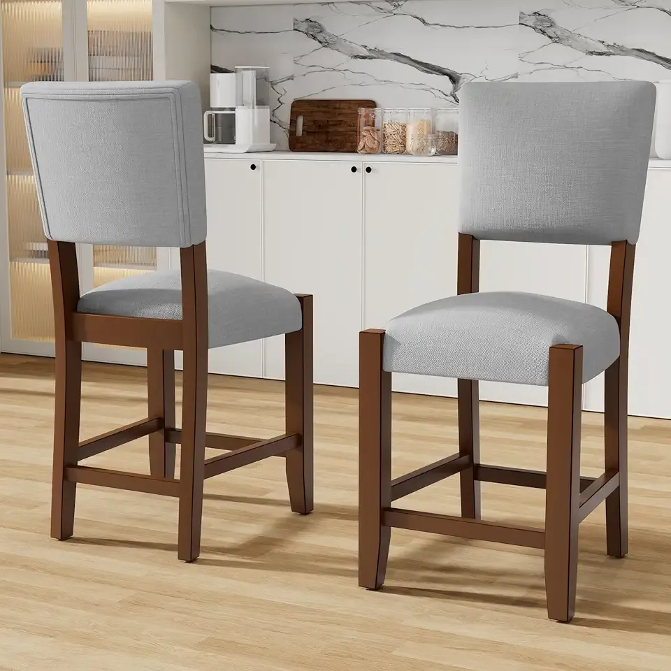 Set of 4 Upholstered Bar Stools, Mid-Century Modern Counter Height Chairs with Backrest and Footrest, Linen Fabric Bar Chairs with Solid Rubber Wood Legs for Kitchen Island, Dining Room, Grey