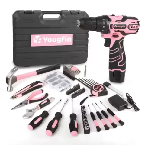 Cordless drill driver set for home DIY use, made of durable plastic and metal, pink color, includes 12V battery, charger, and 1