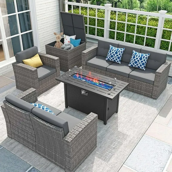 JOIVI 8 Pcs Wicker Patio Furniture Set with 45” Fire Pit Table, Rattan Outdoor Sectional Sofa Conversation Set with Storage Box and 50,000 BTU Gas Fire Pit for Garden, Deck, Backyard, Parties, Gray