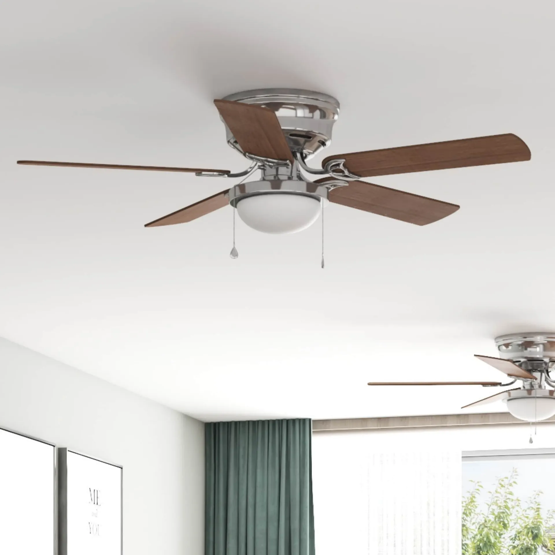 Harbor Breeze Armitage 52-in Brushed Nickel with Toffee/cocoa Blades Flush Mount Ceiling Fan With Light and Pull Chain Included 5 -Blade