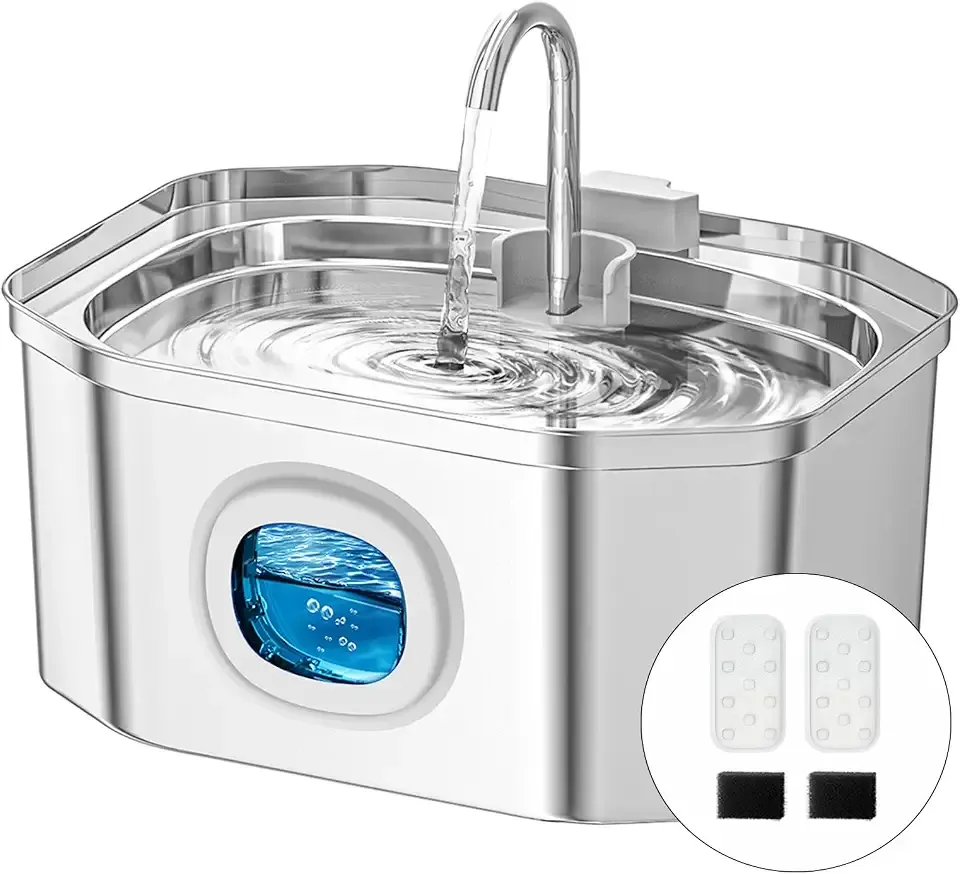 Cat Water Fountain, Apauk 108oz/3.2L Silent cat Water Fountain Stainless Steel, Cat Fountain, Automatic Pet Water Fountain,Dog Bowl, Controllable Blue Light - (2 Filters& 2 Sponges)