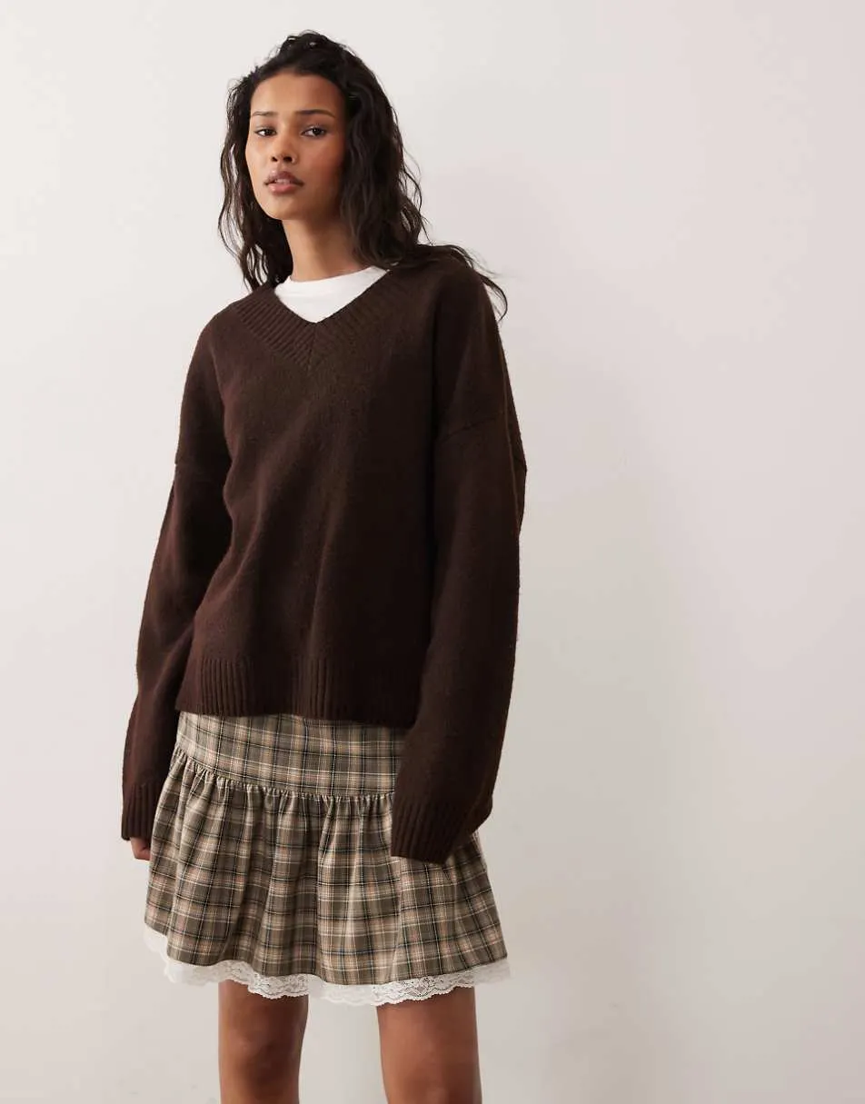 ASOS DESIGN drop waist lace trim mini skirt in check