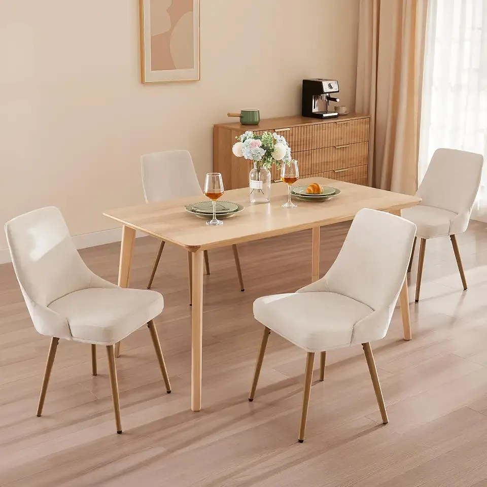 kinmars Modern Upholstered Dining Chairs Set of 4 with Thick Seat Cushion and Curved Back, Fabric Farmhouse Dinner Chair for Kitchen, Dining Room,Cafe (Fabric -Beige, Set of 4)