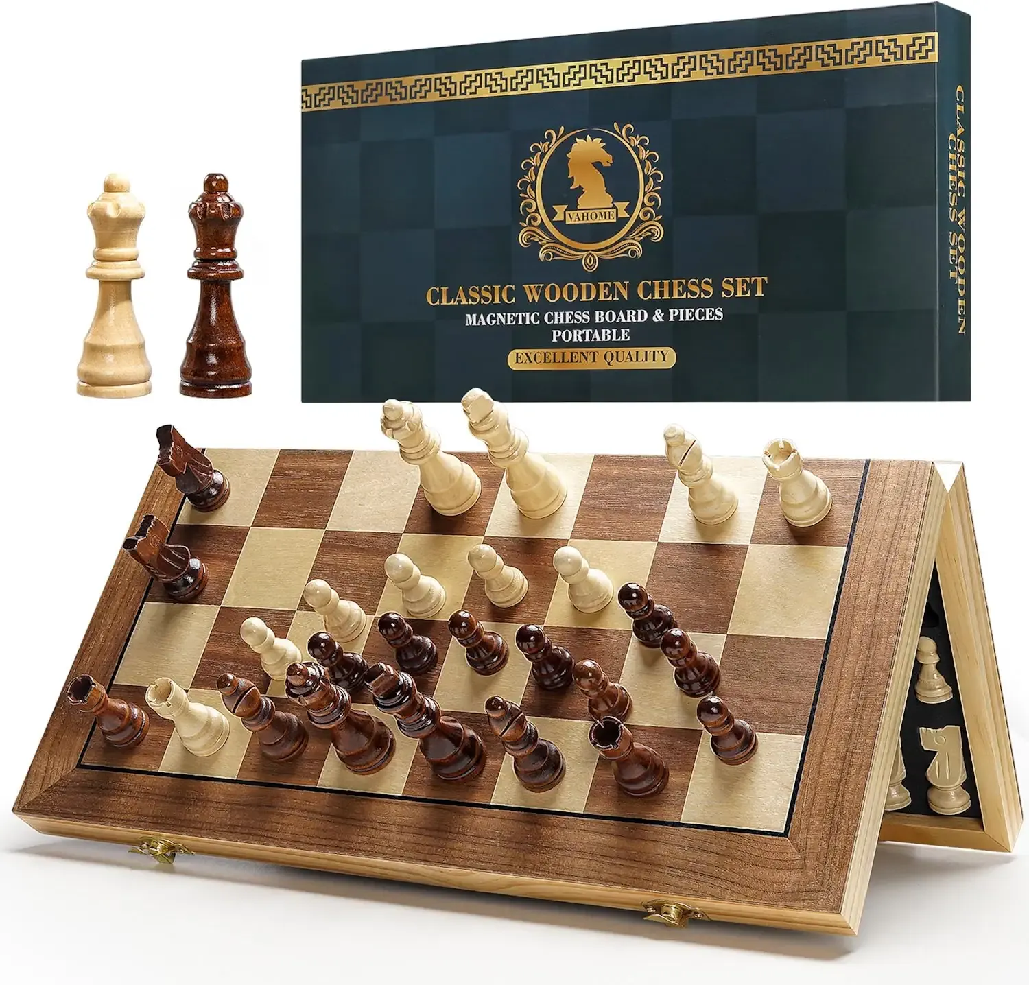 Vahome Magnetic Chess Set for Adults & Kids, 15" Wooden Folding Chess Boards, Handcrafted Portable Travel Chess Game with Pieces Storage Slots, 2 Extra Queens