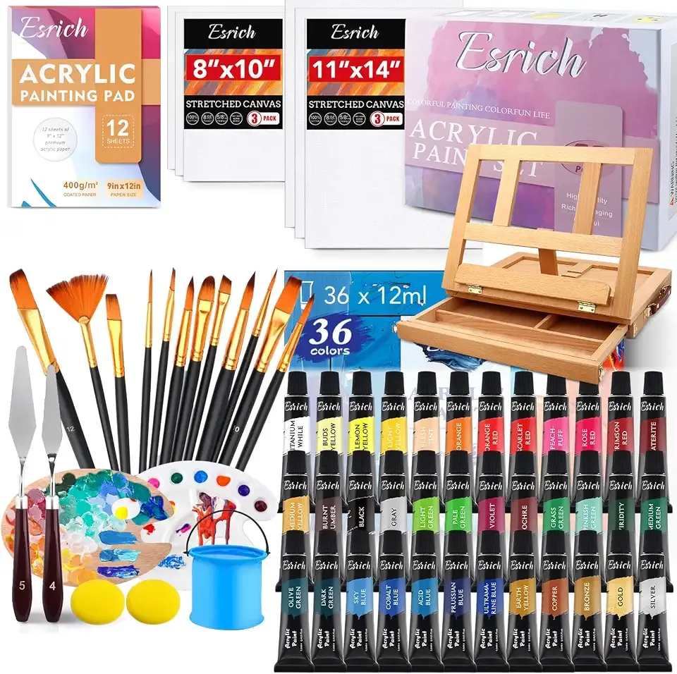 ESRICH 74 PCS Acrylic Paint Set for Adults with Beech Wood Easel