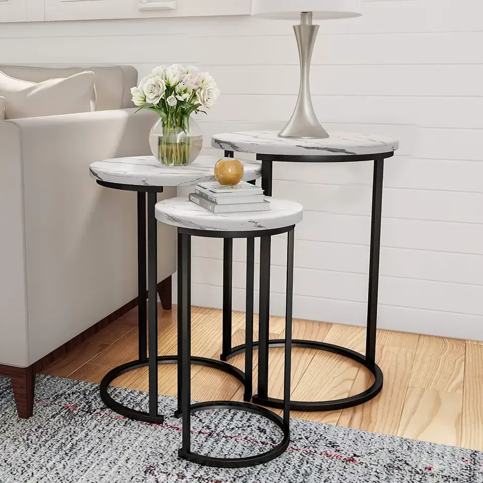 Lavish Home Nesting Tables - Set of 3 Round Side Tables for Living Room, Bedroom, or Home Office - Faux Marble End Table Set - Modern Living Room Furniture (White)
