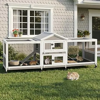 PetsCosset 93"L Double Rabbit Hutch with Dual Runs,2-Story…