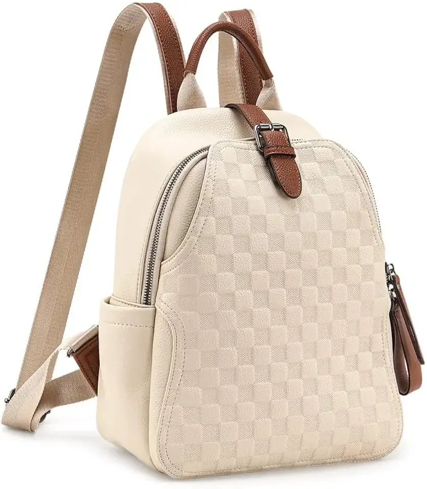 Small Backpack Purse for Women Cute PU Leather Backpack Plaid Backpack for Women Travel & Work White