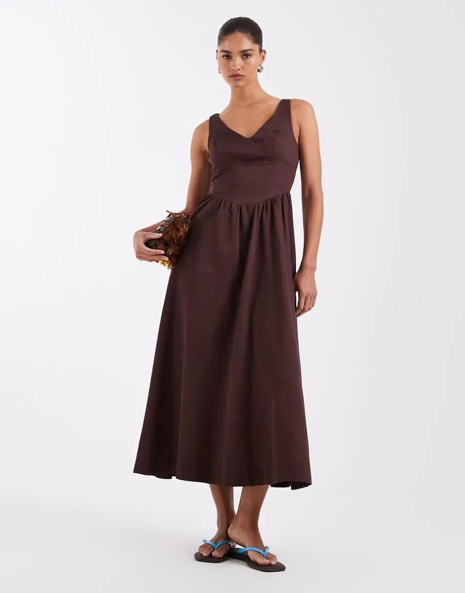 ASOS DESIGN waisted v neck maxi dress with seaming details in chocolate
