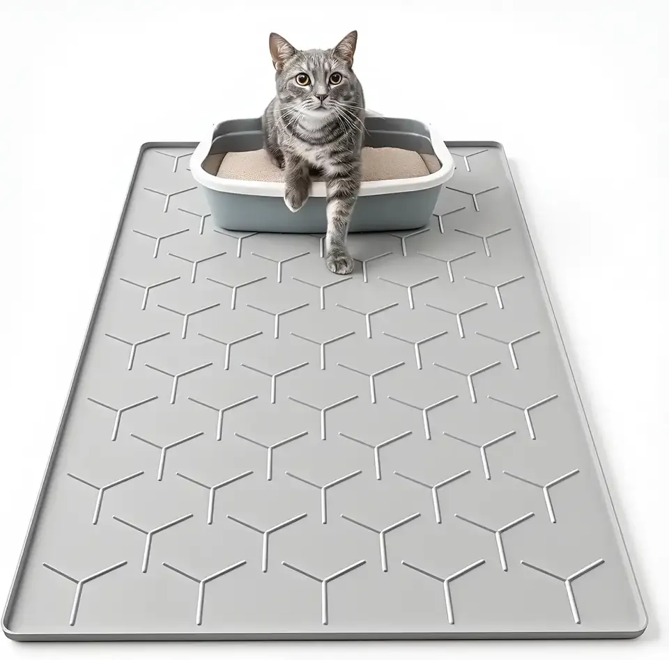Cat Mat for Litter Box, Large 34" X 22" Cat Litter Mat, Waterproof Silicone Pad for Floor, Gray