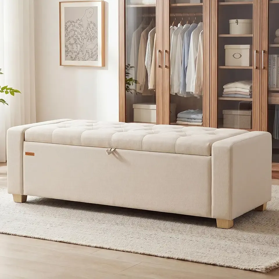 Storage Ottoman, Storage Chest Bench with Legs, End of Bed Bench with Safety Hinges, Pull Tab, for Living Room, Bedroom, 19.7 x 47.6 x 16.5 Inches, Linen-Look Fabric, Summer Sand ULOM511LF01