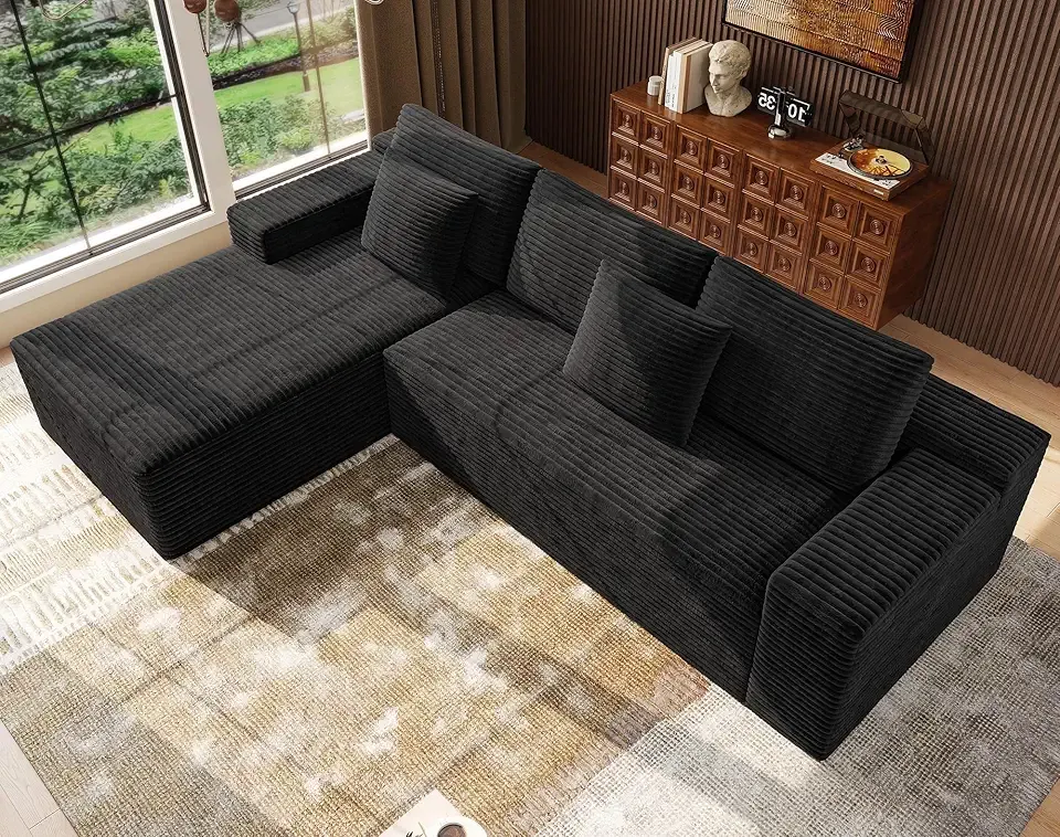 Boneless Modular Sectional Sofa, Cloud Couch with Left Facing Chaise, Oversized Deep Seat, L-Shaped, Soft Corduroy Fabric, Sectional Couch for Living Room -Black