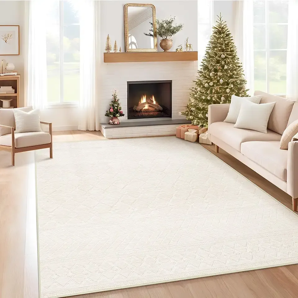 6x9 Area Rug Living Room: Washable Boho Geometric Moroccan Rug Neutral Modern Farmhouse Indoor Soft Non Slip Ultra Thin Printed Pattern Carpet for Dining Room Bedroom Nursery Home (Beige, 6'x9')