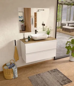 BELLOBATH - Mueble de baño suspendido con lavabo de cerámica y espejo, Mueble de baño con 2 cajones, 80 x 55 x 46 cm, Mueble Blanco y Tapa Roble