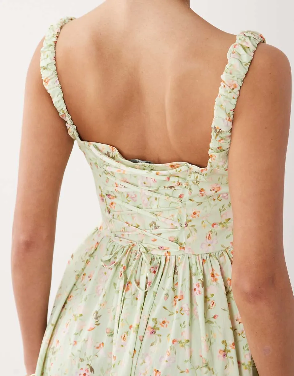 Gina Tricot corset midi dress in green flower print