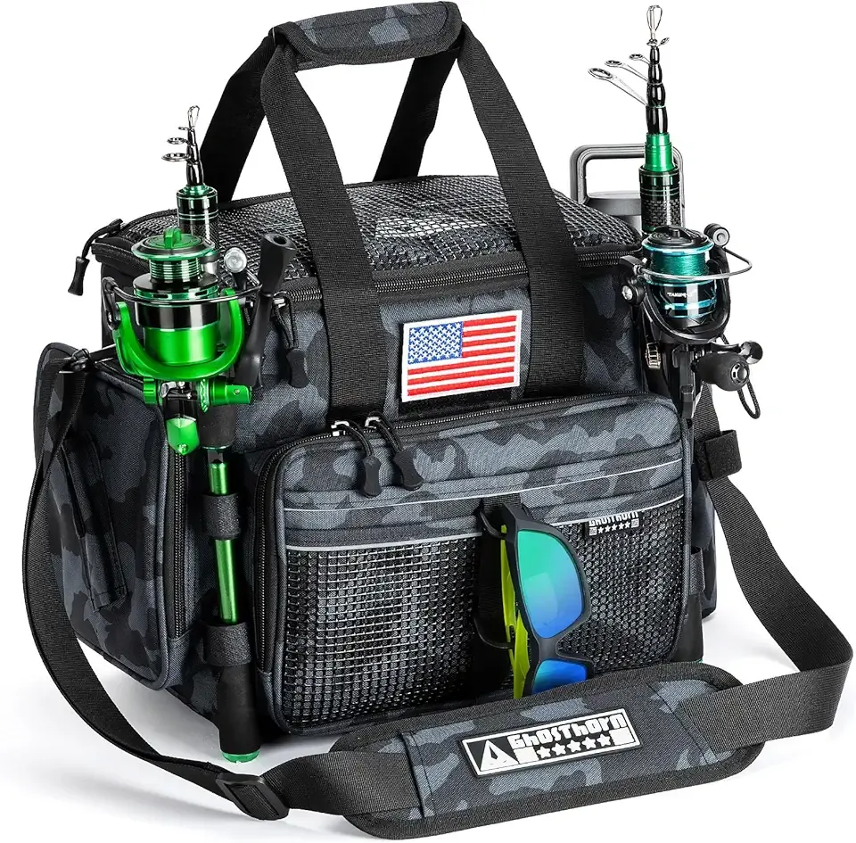 Ghosthorn Fishing Tackle Bag with Rod Holder Saltwater & Freshwater Resistant Tackle Box Bag - Adjustable Padded Shoulder Strap (Black Camouflage)