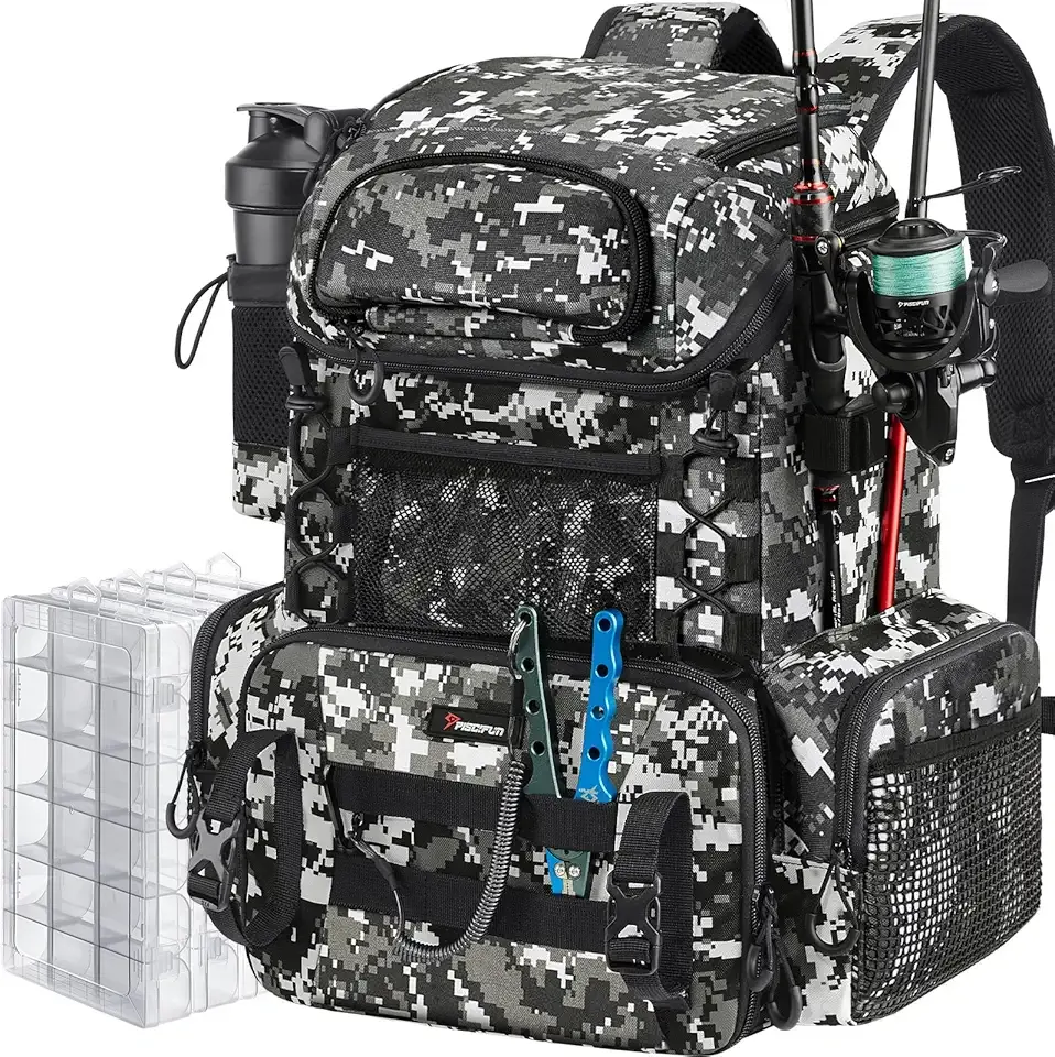 Piscifun Fishing Tackle Backpack with Rod Holders & 4 Tackle Boxes, 42L Outdoor Fishing Bag with Waterproof Rain Cover