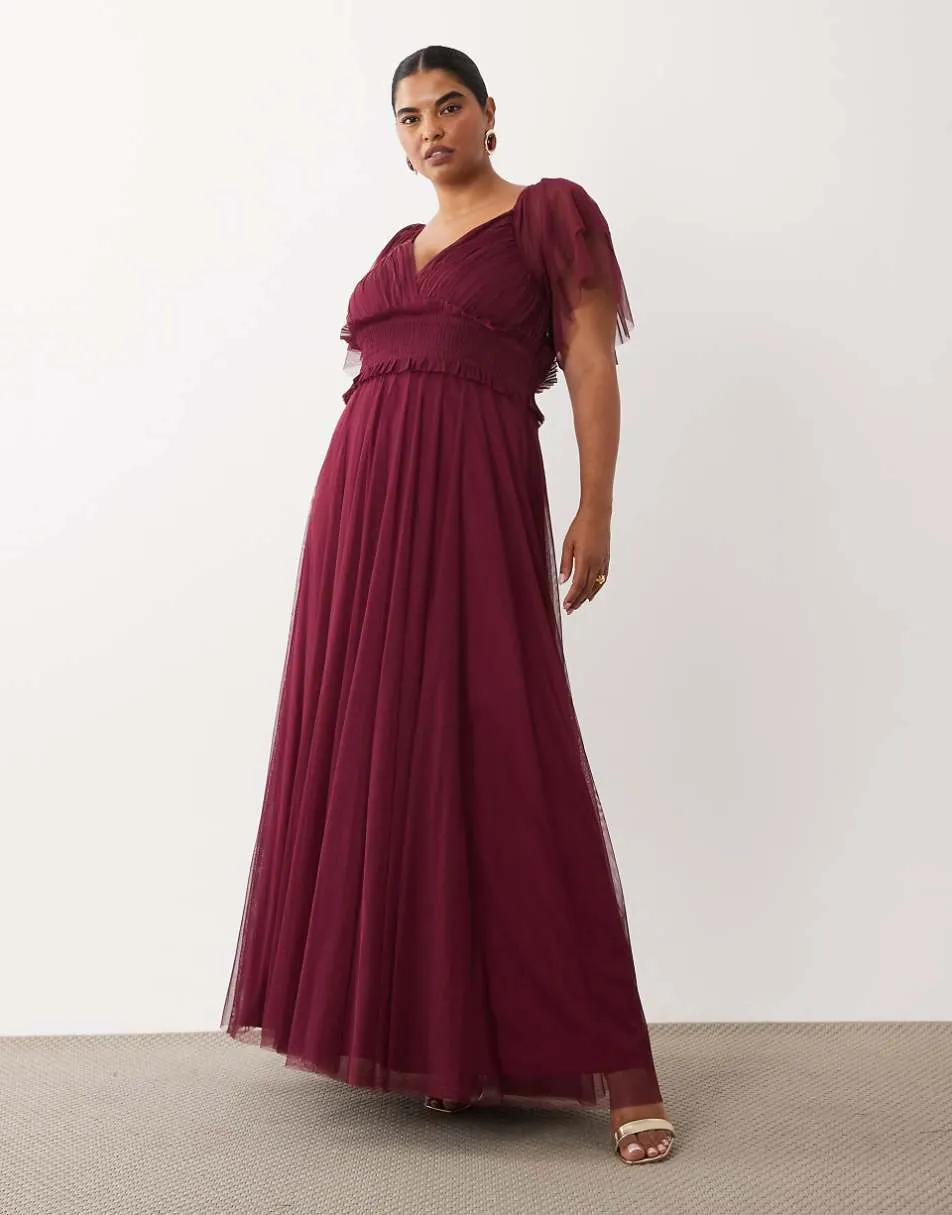 Lace & Beads Plus Bridesmaid shirred waist v neck mesh flutter sleeve maxi dress in fig