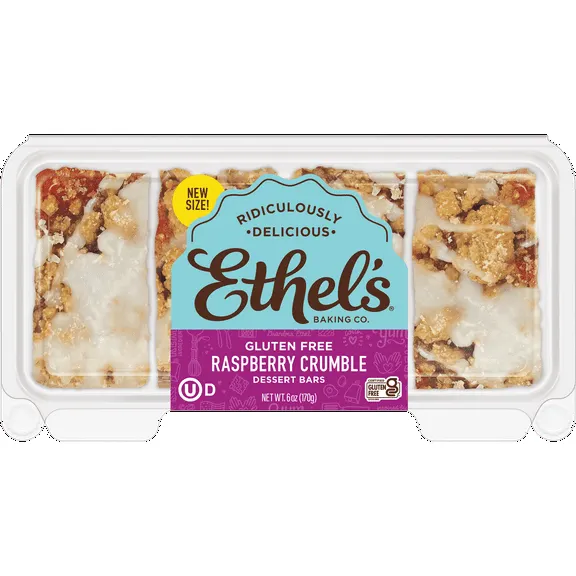 Ethel's Raspberry Crumble Dessert Bars – Slow-Baked Shortcake with Real Raspberry Filling, 4 Pack (1.5 oz Each)