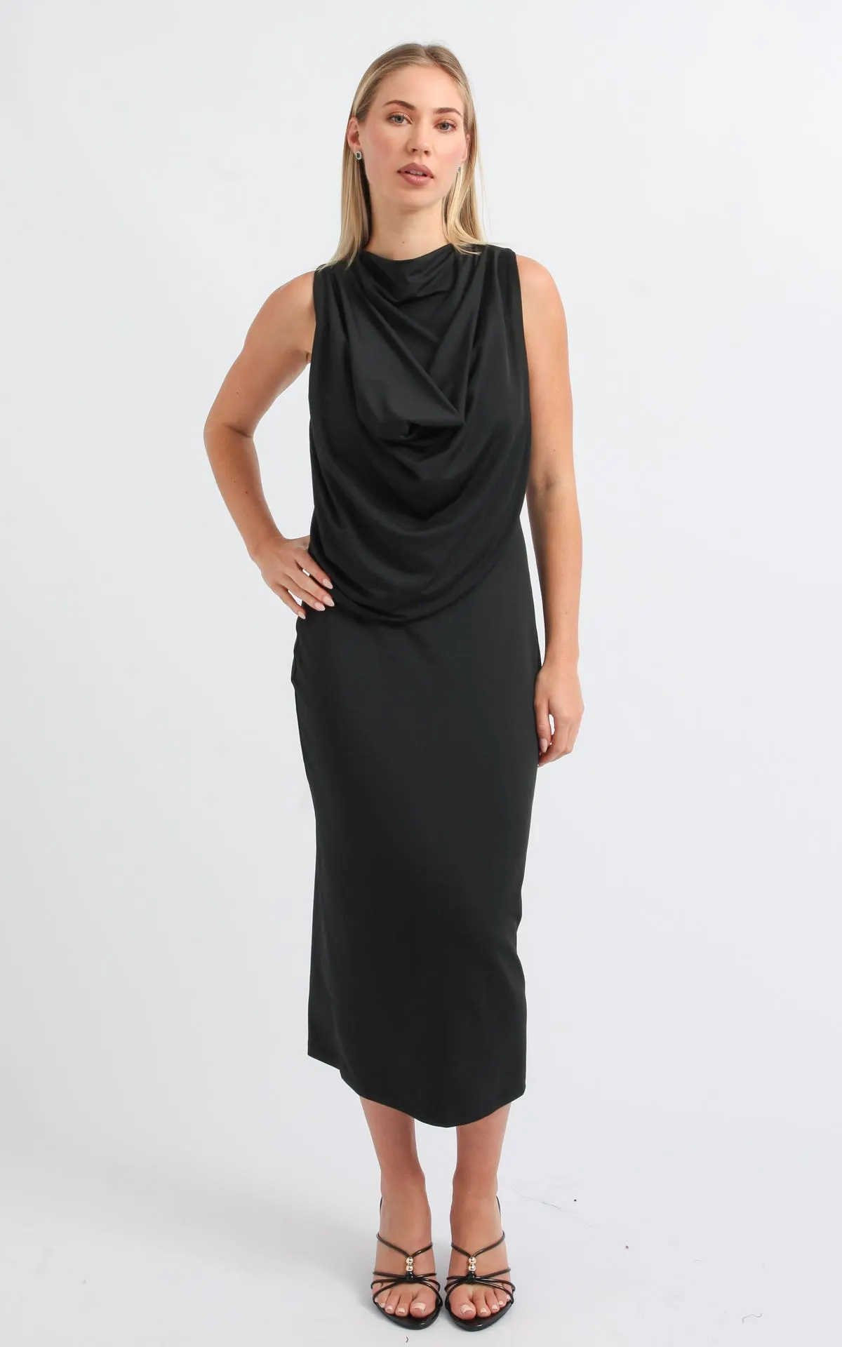 Jersey Cowl Overlay Midi Dress