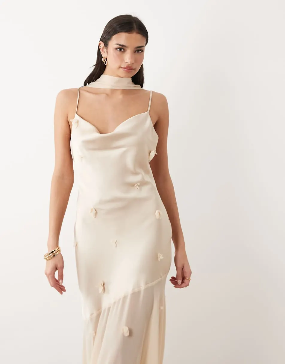 Gina Tricot 3D floral cowl neck sheer maxi dress in gold