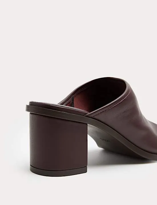 Leather Block Heel Peep Toe Mules