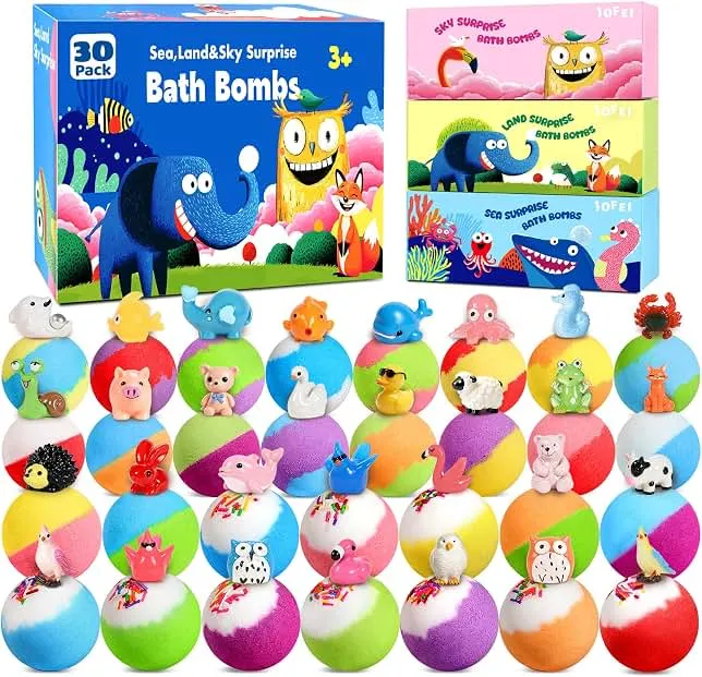 30 Pack Bath Bombs for Kids with Toys Inside, Kid Bath Bombs Gift Set with 30 Sea & Land & Sky Animal Surprise Toys, Stocking Stuffers for…