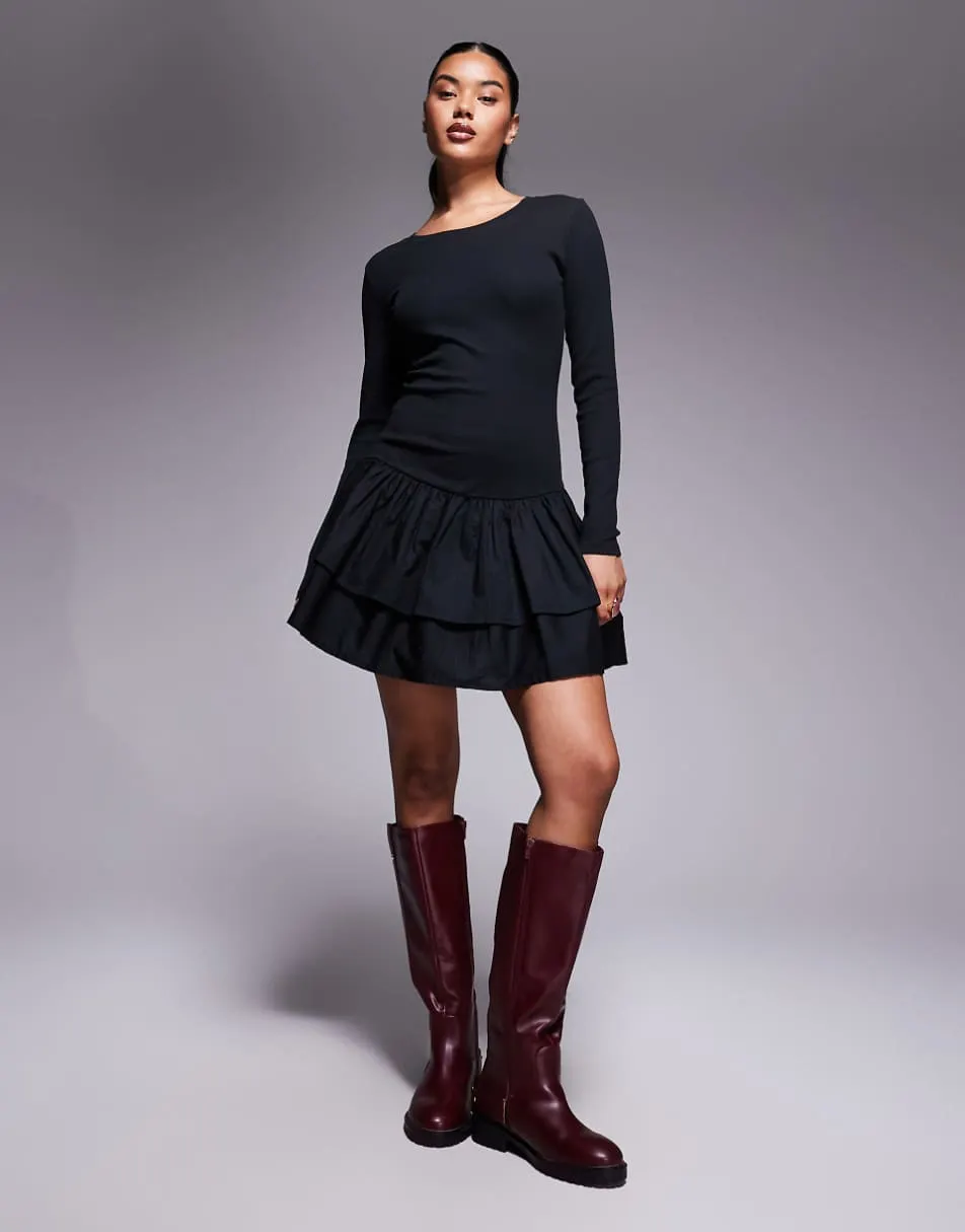 ASOS DESIGN ribbed mini dress with woven skirt in black