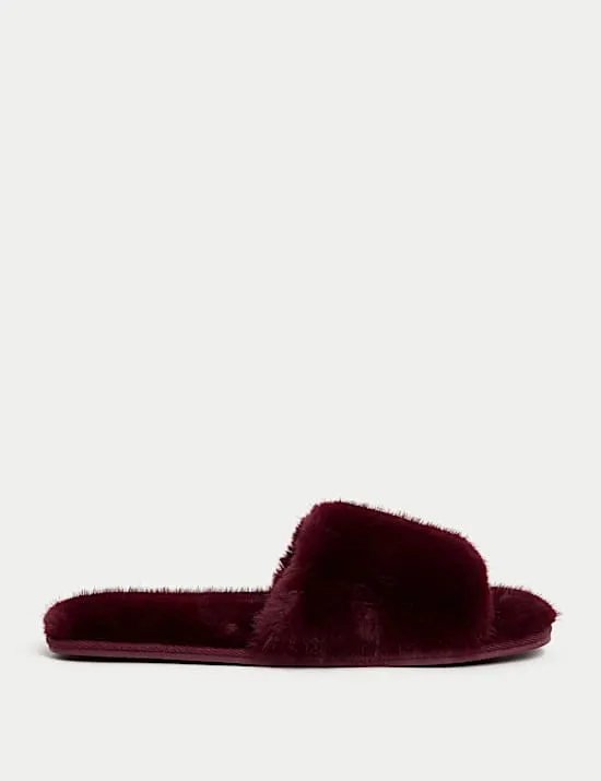 Faux Fur Open Toe Slippers