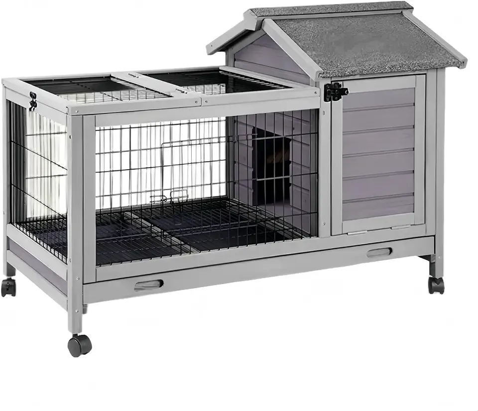 Wooden Rabbit Hutch Indoor and Outdoor, Rabbit Cage with Removable Wire Netting and Leak Proof Tray, Mobile Bunny Cage with Wheels (Grey)