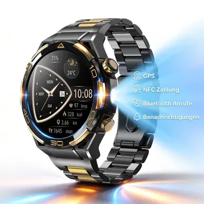 Blackview Smartwatch Herren, 14K-Gold-Einlage/GPS/Kompass/Bluetooth-Anrufe/AI/ChatGPT, 100+ Sportmodi, Fitnessuhr für Android iOS,Flagship Edition