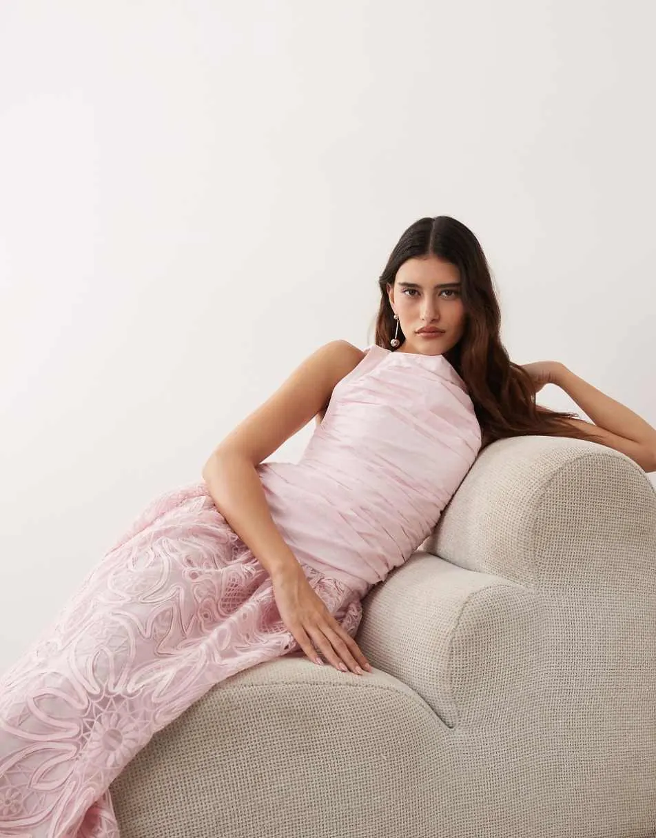 ARRANGE embroidered drop waist low back maxi dress in pink