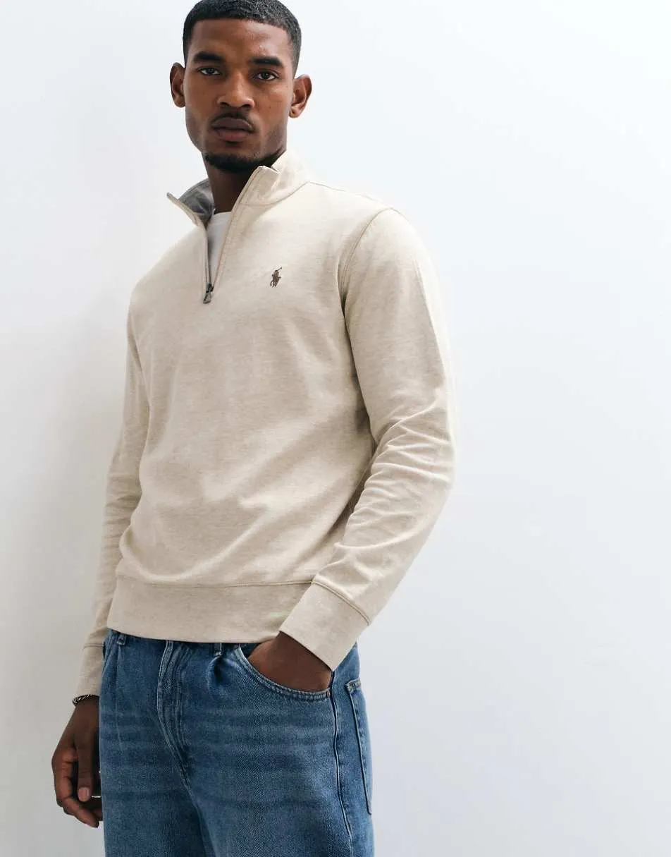 Polo Ralph Lauren icon logo double knit quarter zip sweatshirt in beige