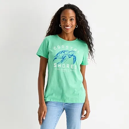 St. John's Bay Womens Crew Neck Short Sleeve Regular Fit Graphic T-Shirt
