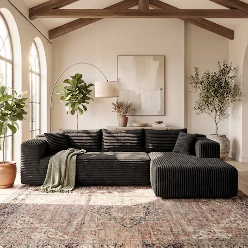FUFU&GAGA 106"W Black Corduroy Sectional Sofa, L‑Shaped Modular Corner Couch with Throw Pillows, Plush Upholstered Sofa for Living Room