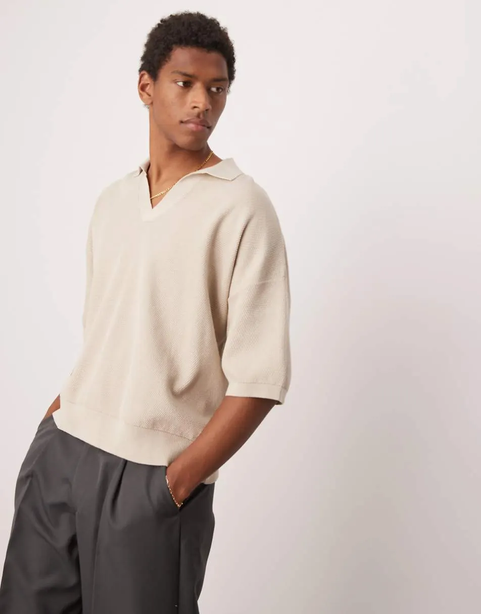 ASOS DESIGN oversized knitted notch neck polo shirt in ecru