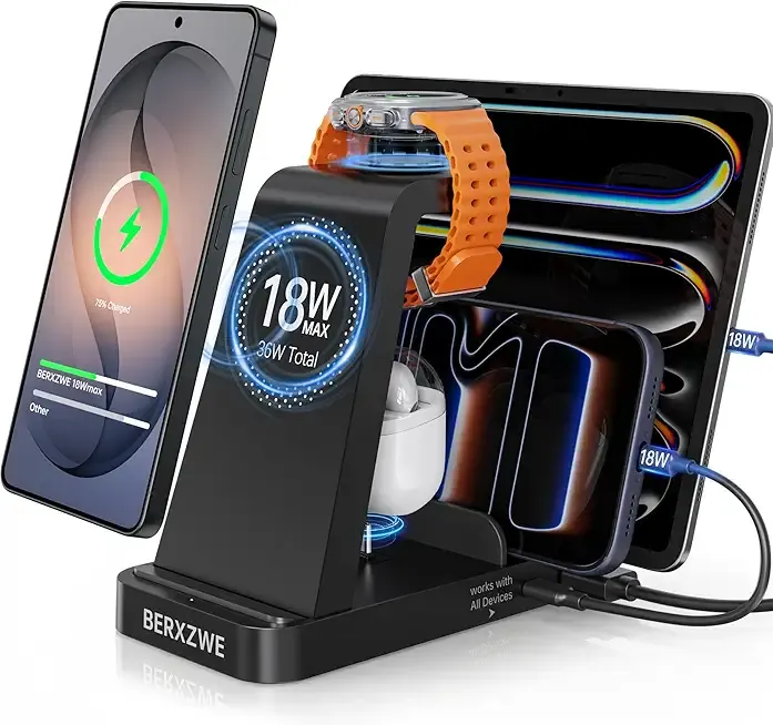 Wireless Charger for Samsung: 5 in 1 Samsung Wireless Charging Station for Galaxy S26 Ultra/S25/S24, Charger Stand for Galaxy Watch8/7/6/5/4, Charging Dock Stand for Android Multiple Devices, Black
