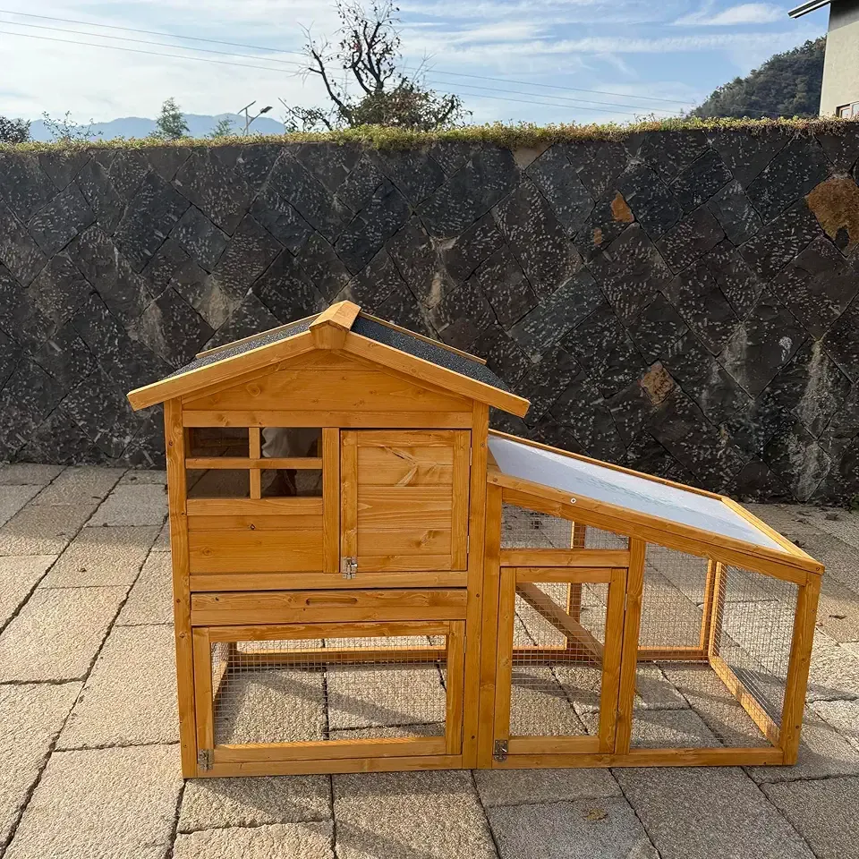 2-Story Wooden Rabbit Hutch Indoor and Outdoor, Rabbit Cage with Removable Wire Netting and Leak Proof Tray, Weatherproof Bunny Cage with Anti-Chew Metal Frame Ramp for Small Animals Natural