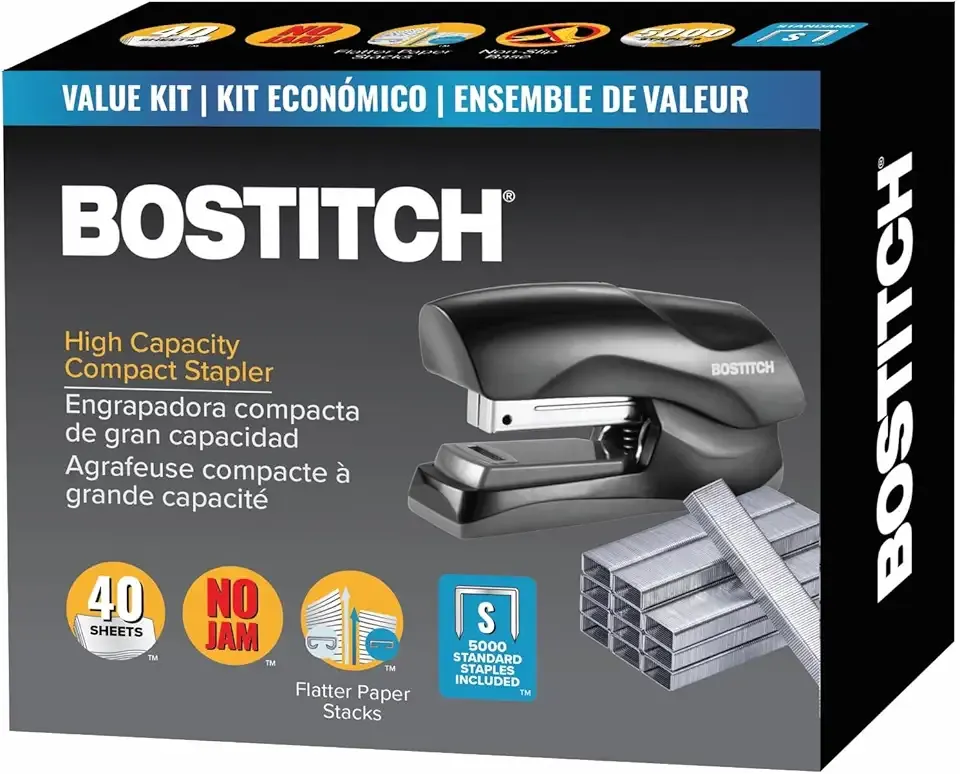 Bostitch Office Heavy Duty 40 Sheet Stapler with 1250 Staples & Claw Remover, Small Stapler Size, Fits into The Palm of Your Hand, Value Pack, Red (B175-BLK-VP)