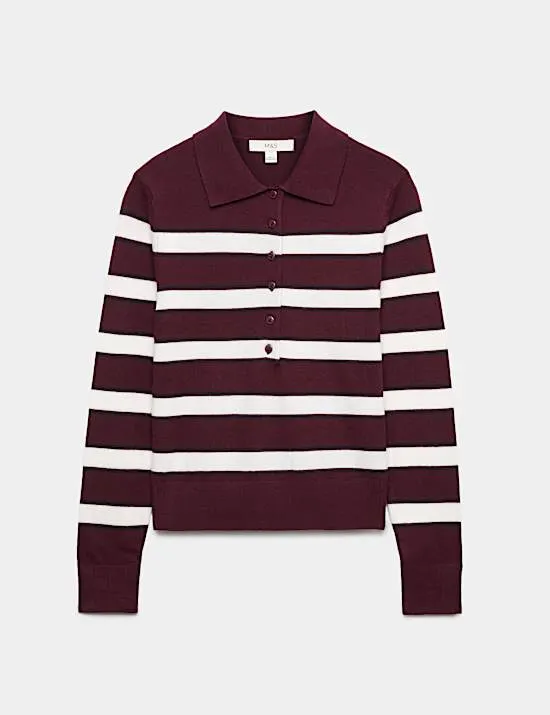 Collared Striped Slim Jumper with Wool