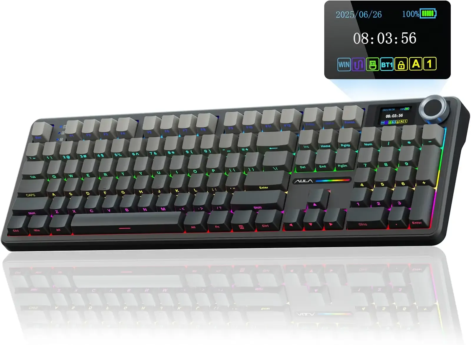 AULA F108 PRO - Wireless Mechanical Keyboard with Screen & Knob,Full Size Keyboard with 8000mAh Battery,Pre-lubed Switches,Side Printed PBT Keycaps,RGB Backlit Hot Swappable Custom Gaming Keyboards