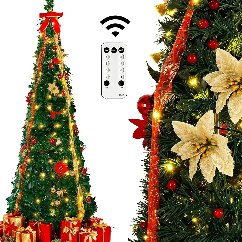 6ft Pop Up Prelit Christmas Tree with Remote, Collapsible pre lit Artificial Christmas Tree with Already Decorated Pull Up 100 White Lights Red&Gold Ribbon, Bows for Christmas Holiday Party Decor