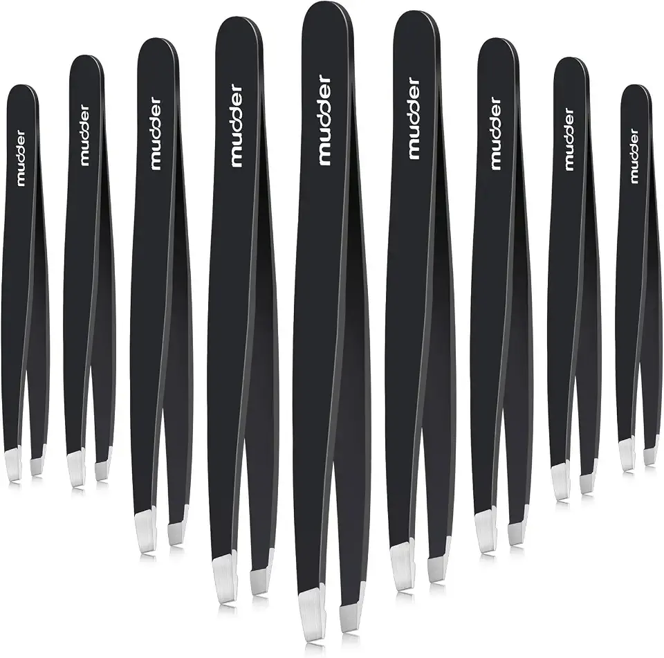 Mudder 12 Pcs Eyebrow Tweezers Set for Facial Hair Stainless Steel Slanted Tip Tweezers in Bulk for Men and Women(Black)