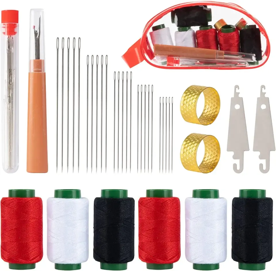 37 Pcs Big Eye Steel Sewing Needles Kit - Stainless Steel Needles for Hand Sewing Kit with Thread Ripper, Needle Threaders, Threads and Thimbles