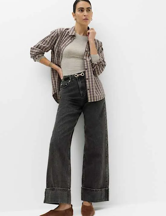 High Waisted Wide Leg Turn Up Jeans