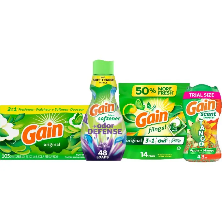 FOUR Gain Fireworks 4.3-5 oz., Flings 14 ct., Liquid Fabric Softener 48 Load/35 oz., or Sheets 105 ct. Reg. $4.50 ea. (Must buy 4 forms)