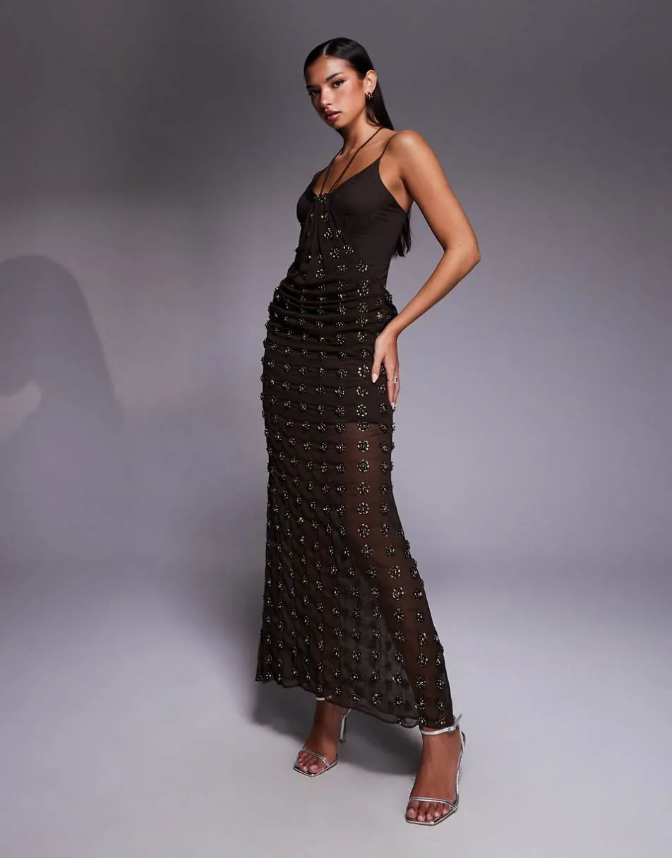 ASOS DESIGN embellished contour midi dress with drape skirt detail in chocolate