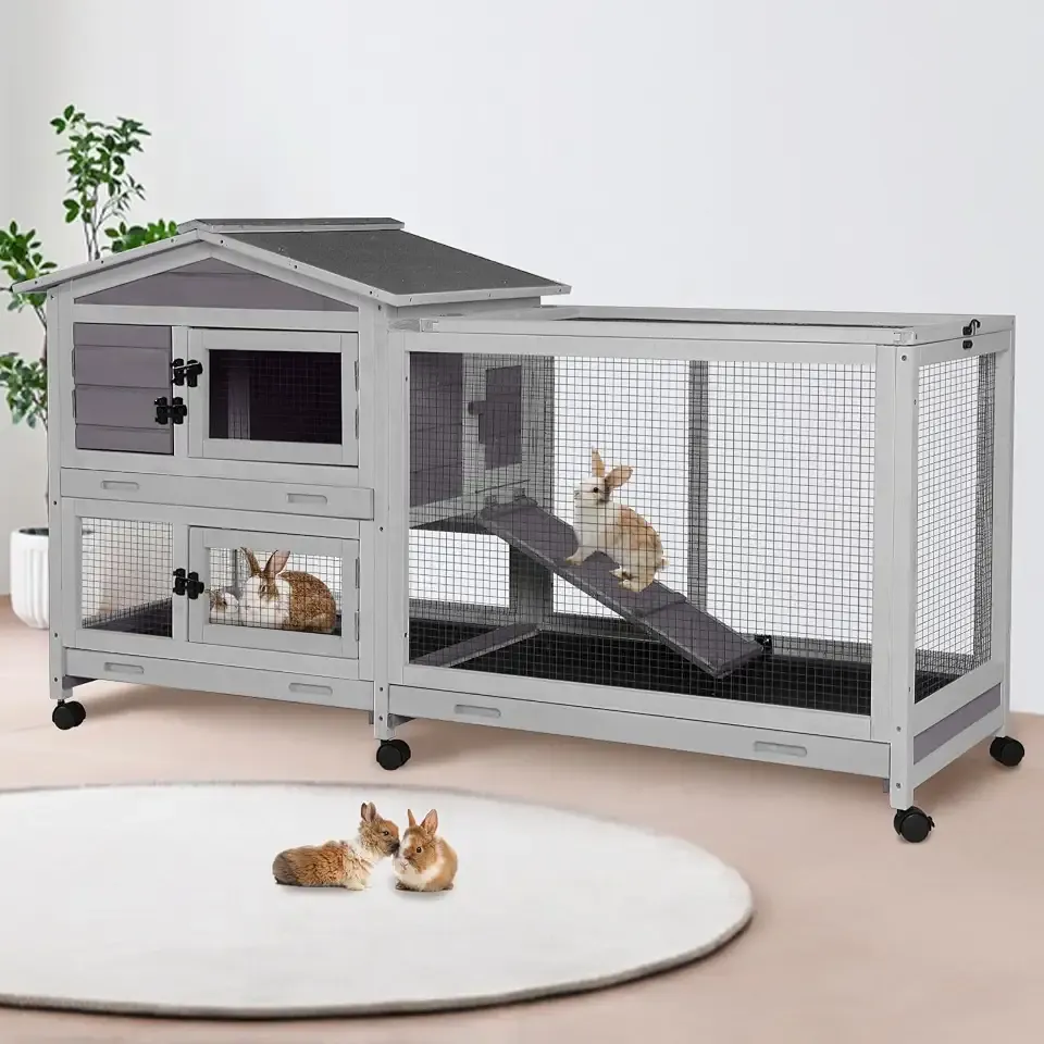 Suumerpety 62" Rabbit Hutch with Chew-Proof Ramp & Waterproof Roof - Indoor/Outdoor Bunny Cage, 2-Story Design, 6 Lockable Caster Wheels & Dual Pull-Out Trays (Grey)