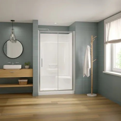 Essence Shower Kit 48 L in. x 34 W in. Center Drain Shower Right Seat and Connect Pro Sliding Door in Chrome