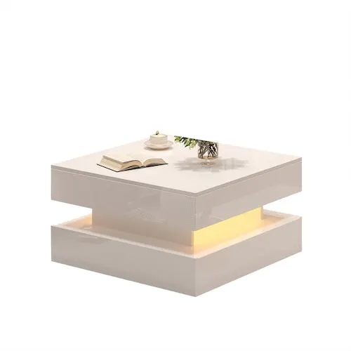 Mark 25.5 x 25.5 x 15.1-inch White High-Gloss Lift-Top Coffee Table with LED Light and 2 Drawers